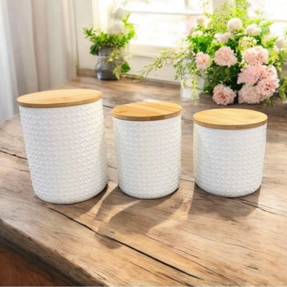 Beautiful Embossed Ceramic Set Of Canisters - Used Only For Display